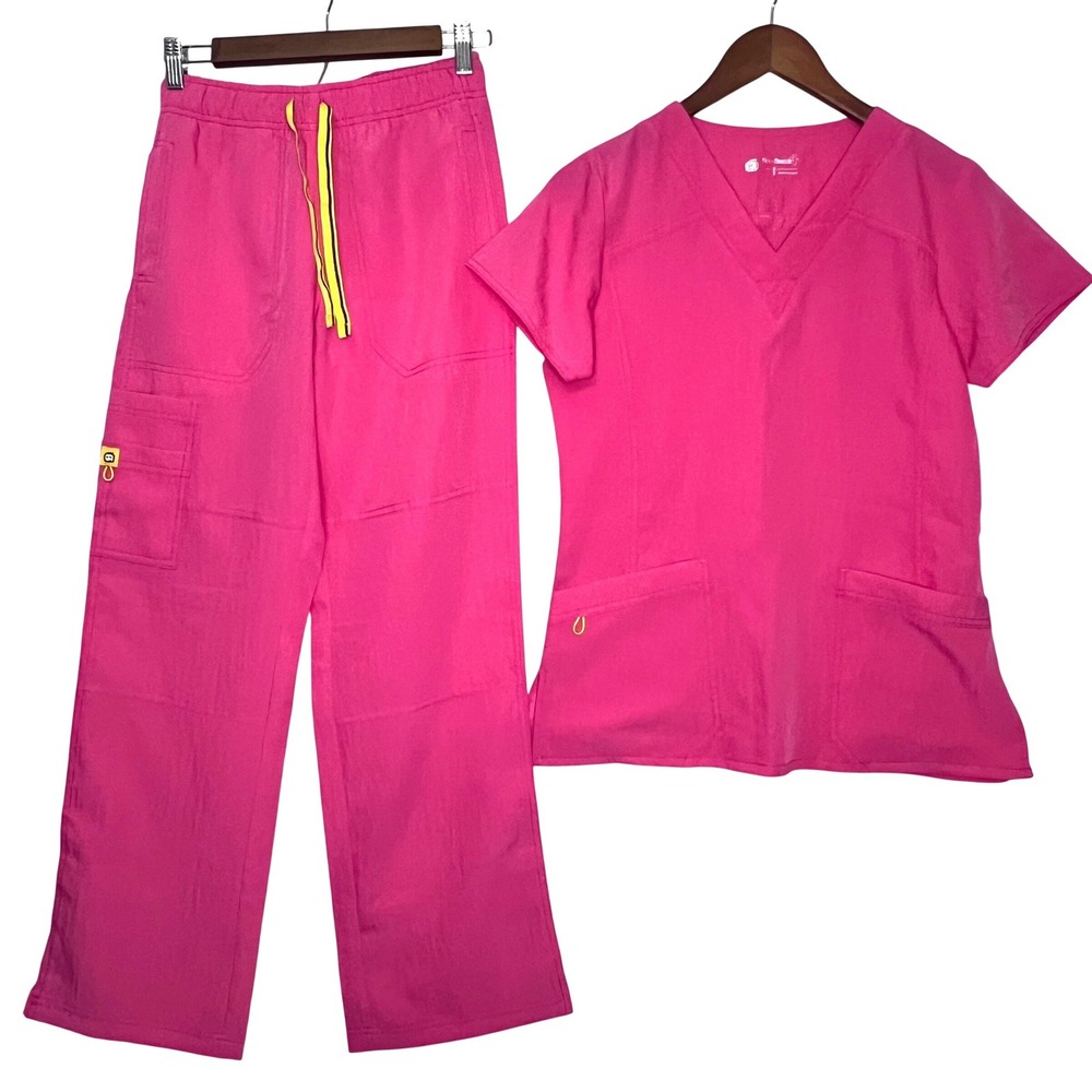 Wonderwink Four-Stretch 4 V Neck Scrub Set Fun Hot Pink Women's Size XS Pockets